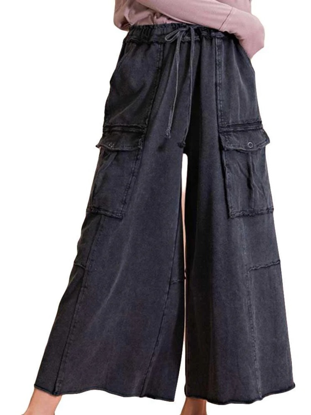 NWT EASEL Wide Leg Cargo Pants in Gray - Casual Drawstring Waist